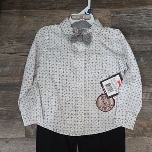 Kids' White Patterned Button-Down Shirt with Bow Tie And Suspenders